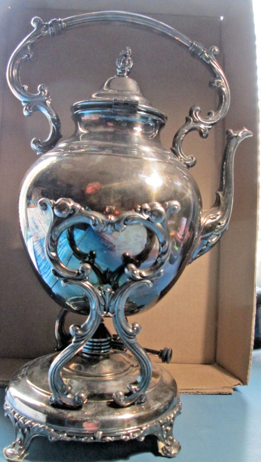 Silverplate Tipping Tea Kettle Coffee Pot (6.5″ tall) Stand (7.5″ tall) & Warmer
