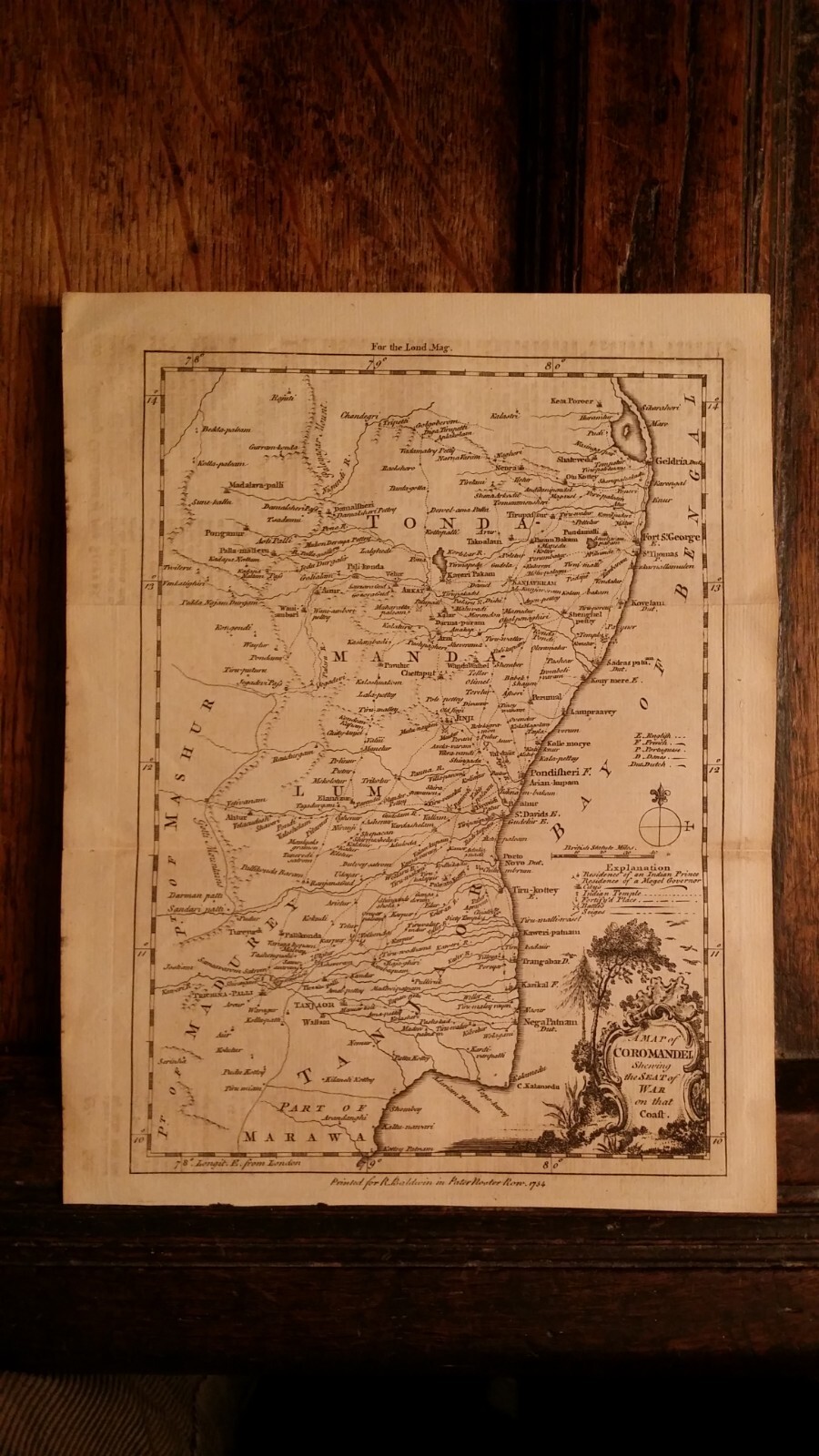 1754 ORIGINAL ANTIQUE COPPERPLATE MAP – COROMANDEL COAST INDIA – SEAT OF WAR