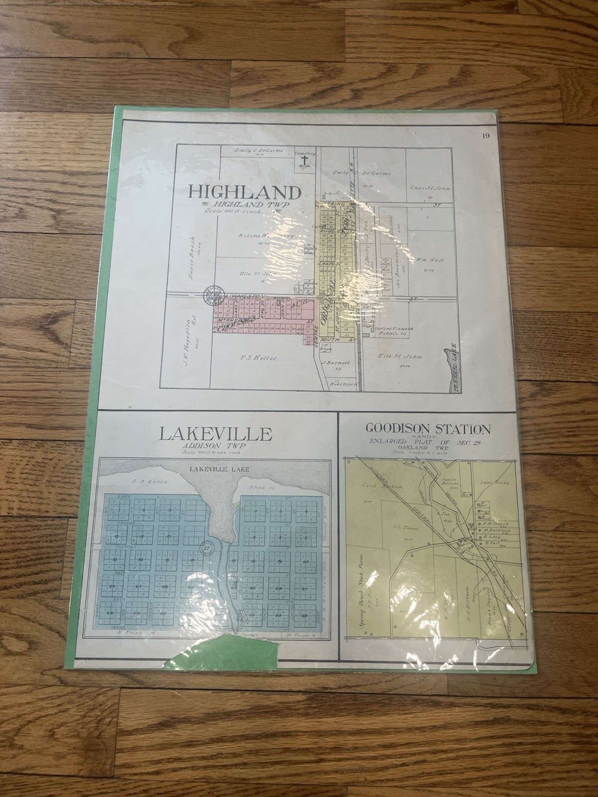 Antique 1908 Illustrated Atlas Colored Highland Michigan Oakland County Map