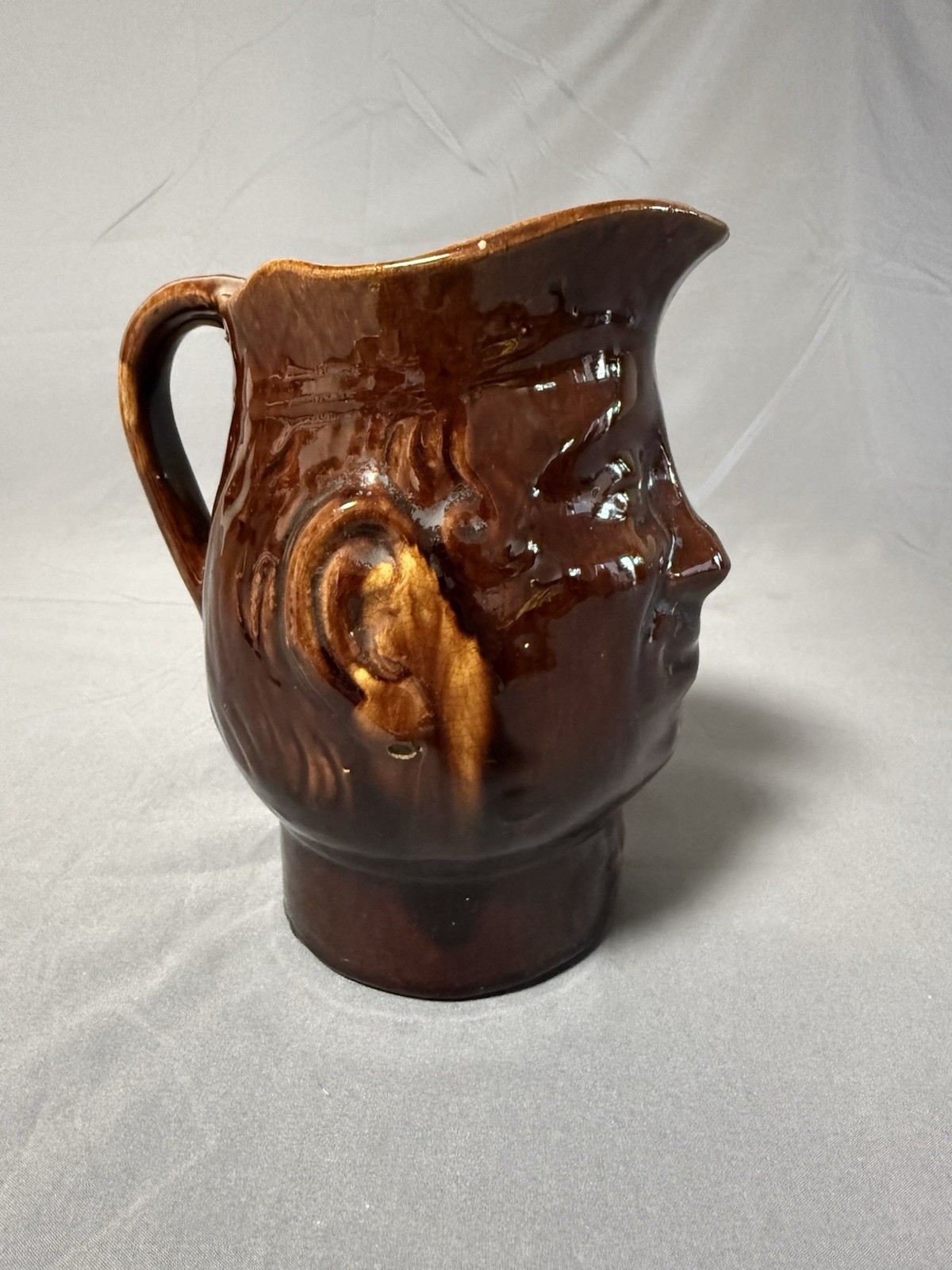 Vintage Brown Face Jug Pitcher Figural Pottery Character Mug 8″