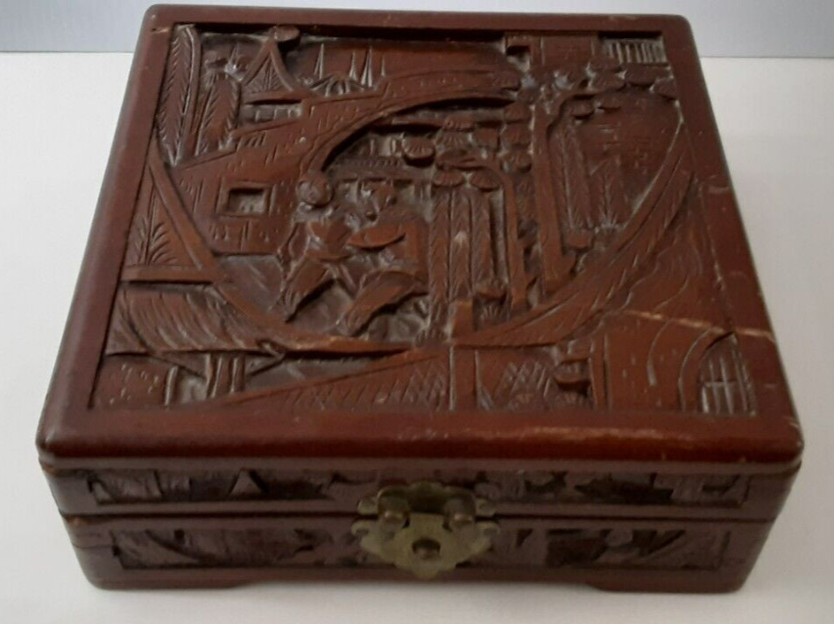 Antique Hand Carved Chinese Box Camphor Wood Hinged 7″ x 7″ Asian Men Flaws