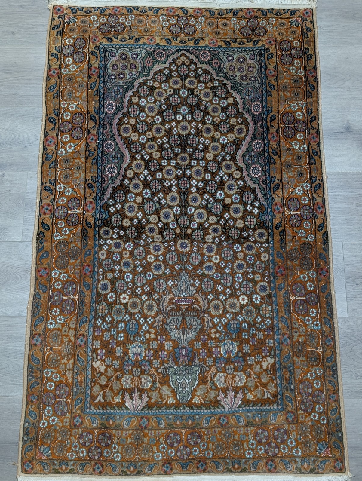 Unique TABRIEZI Tabatabai RUG 30″ X 50″ Orange Blue w Silk Mihrab ~320 Kpsi