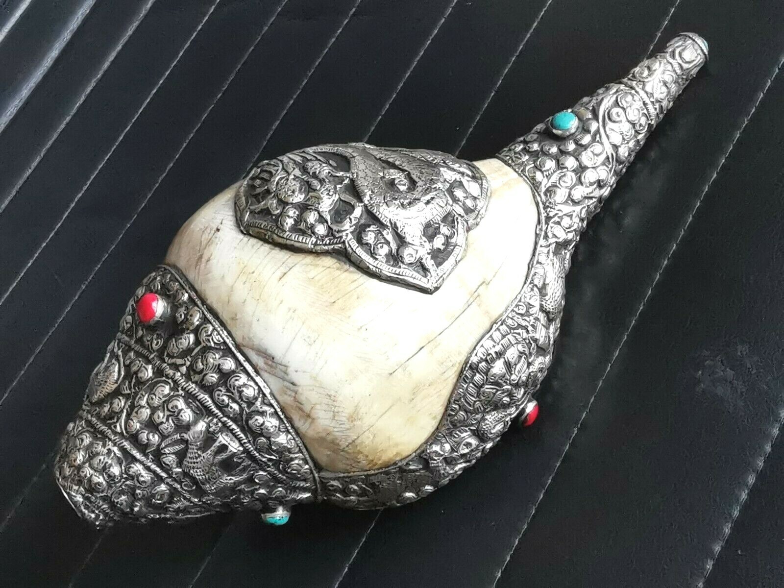 Tibet, ancient Ritual Conch Shell Trumpet. Silver, turquoise & coral