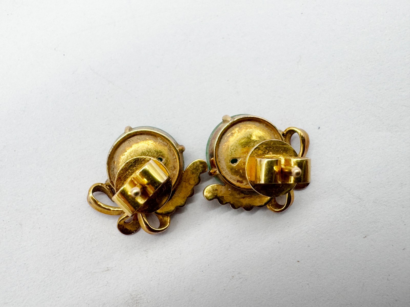ANTIQUE SOLID 14ct GOLD 14K CHINESE JADE DISC LADIES EARRINGS