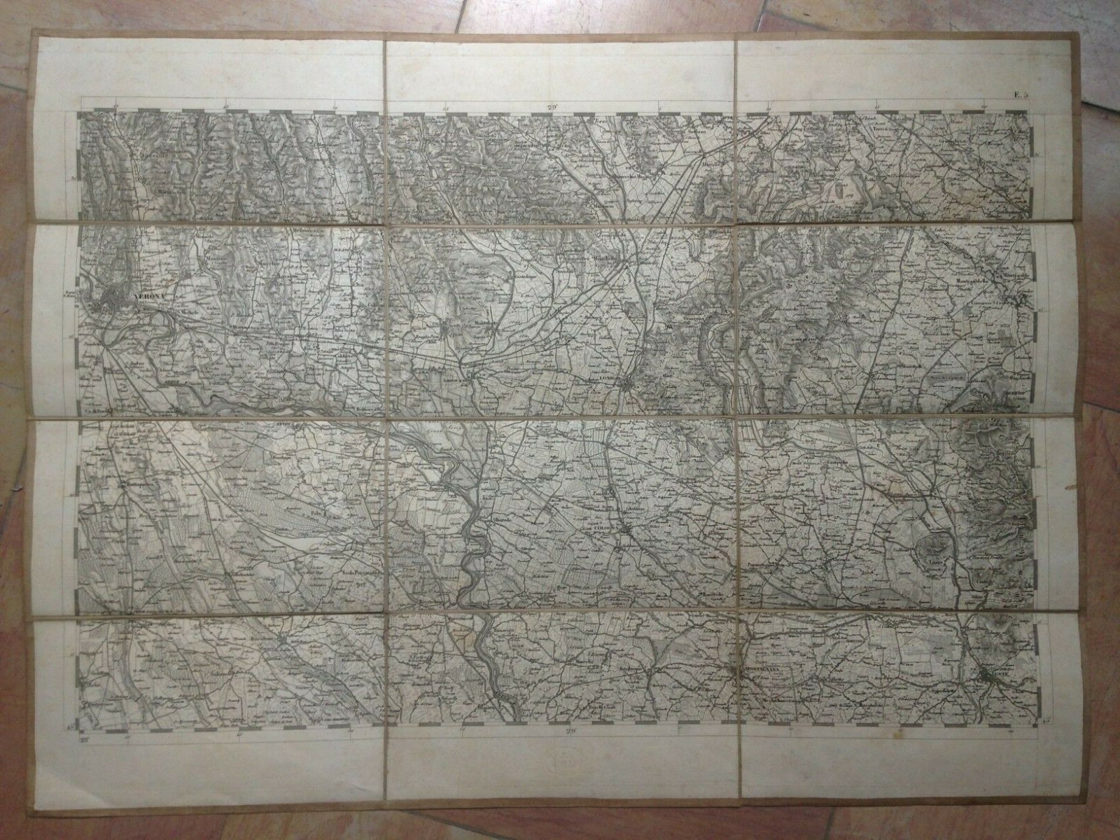 ITALY VERONA 19TH CENTURY LARGE FOLDING ENGRAVED MAP ON LINEN