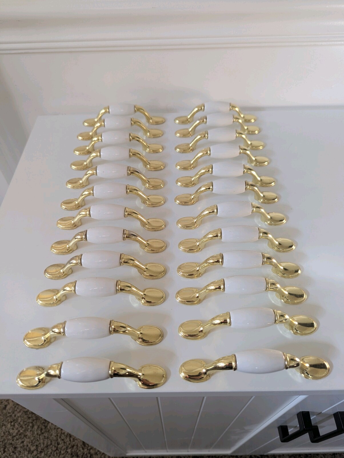 Vintage (24) Drawer Pulls Brass Porcelain High Polish Gold Tone W Mounting…