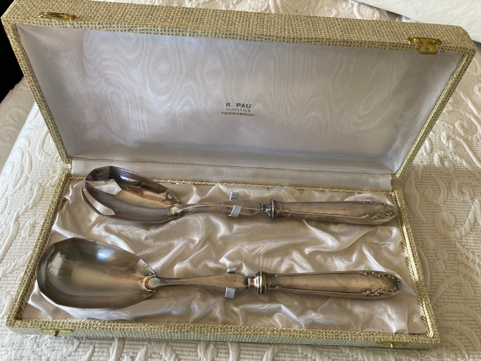 Vintage Silverplate R. PAU France Salad Server Set Fork Spoon LG BOXED CASED SET