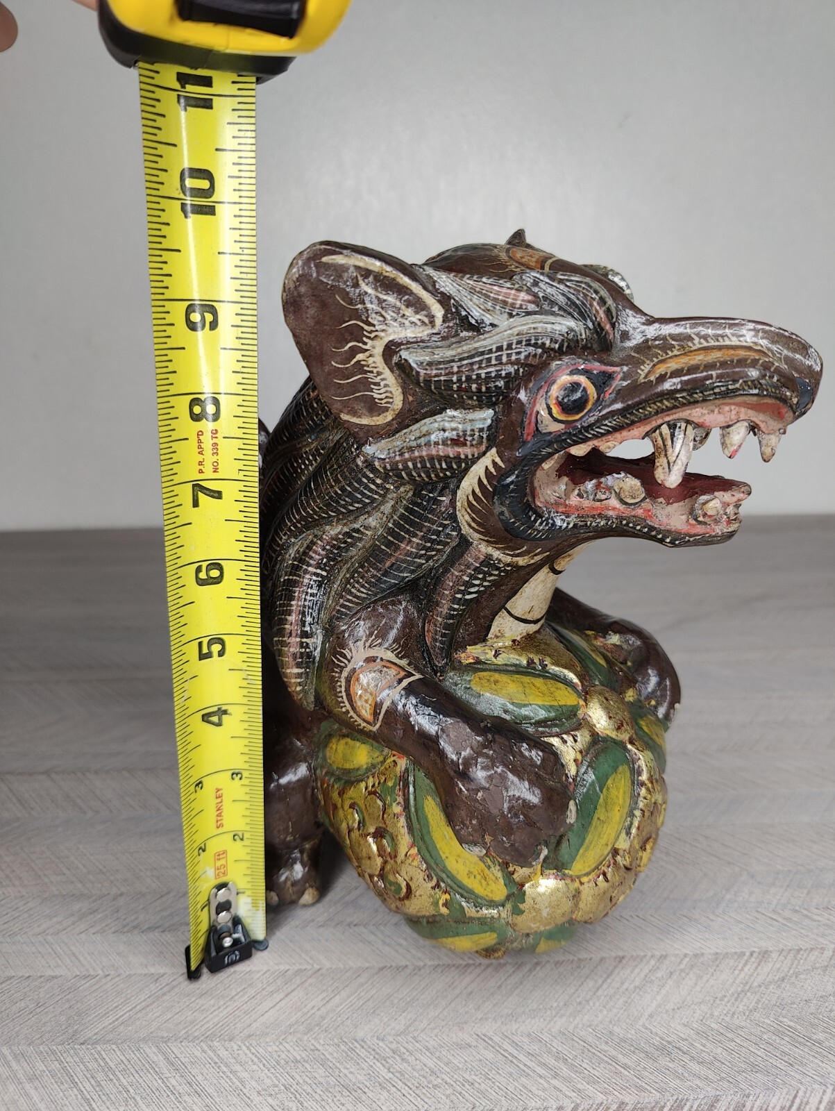 Antique Foo Dog Solid Wood Handcarved Sculpture Guardian Symbol Handpainted