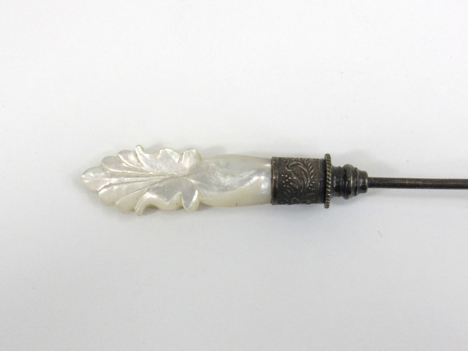 Antique Victorian Button Hook Glove Hook Silver w/ Carved Mother of Pearl Handle