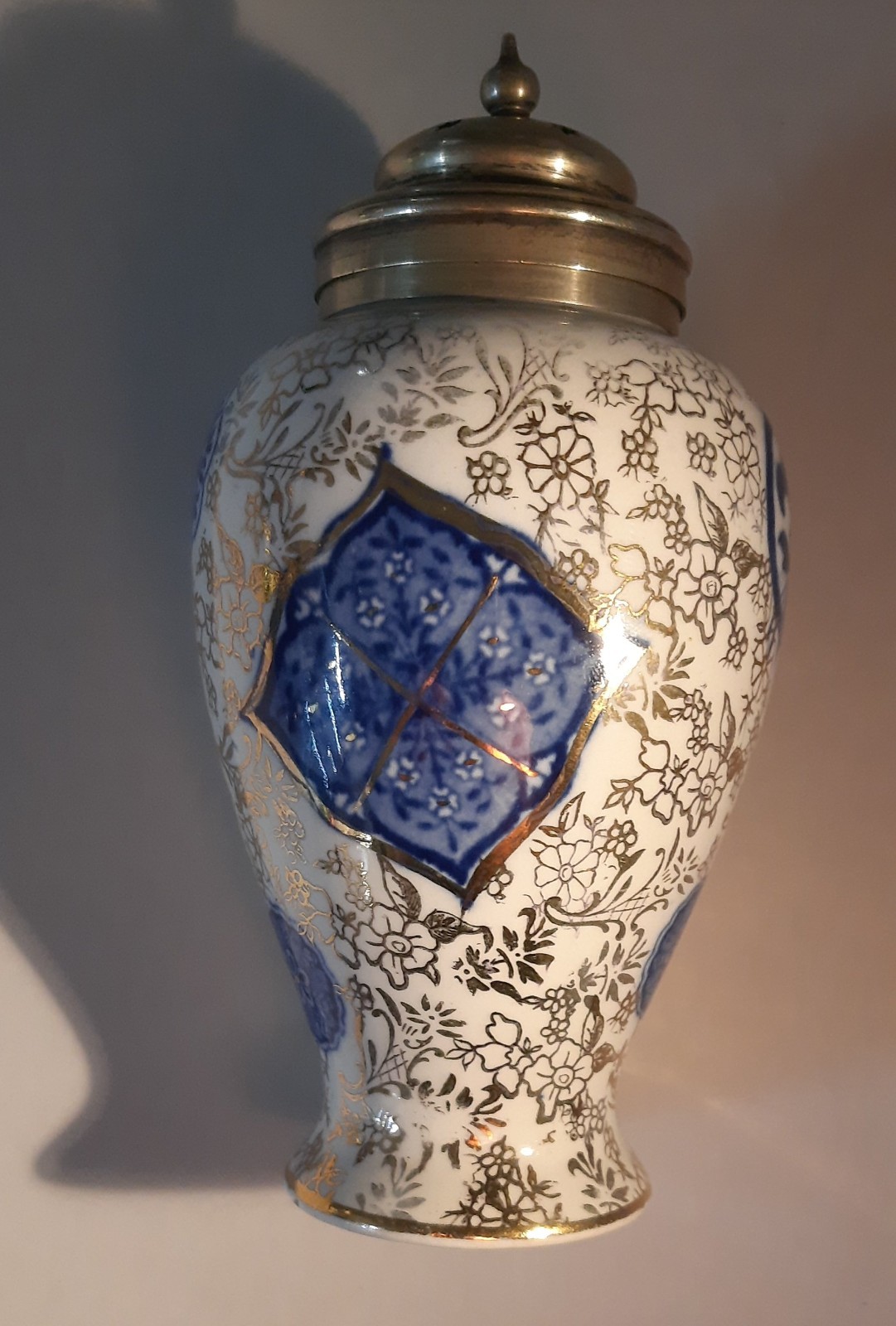 Antique Fenton Osaka James Kent White Blue Gold SUGAR SHAKER