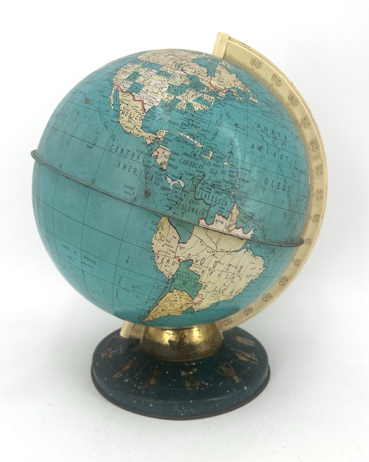 Vintage Metal World Globe Ohio Art Zodiac Sign Base 1950’s – Has Flaws