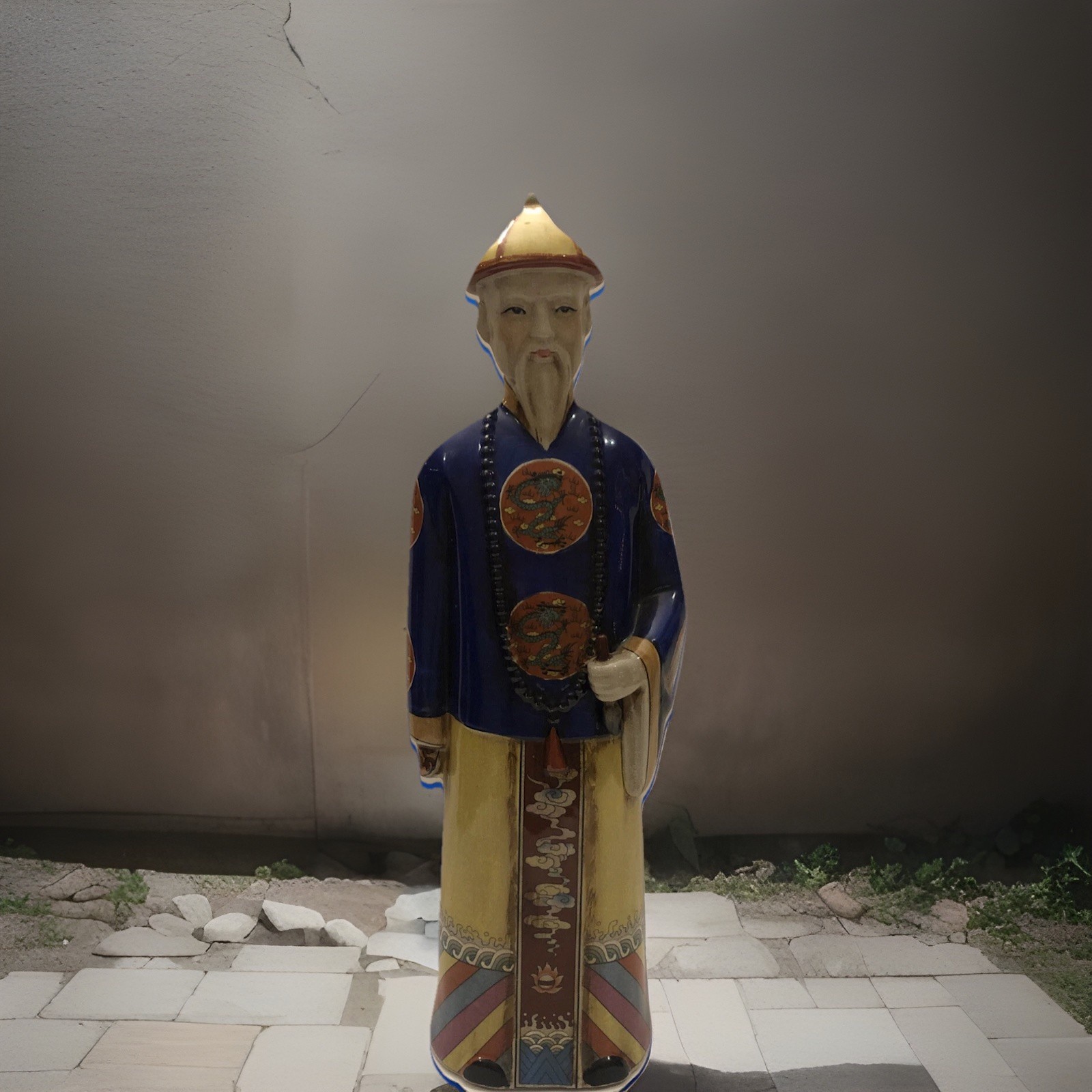 Vintage Large Asian Man in Robe with Beads 18 1/4” Tall Crackled Glaze