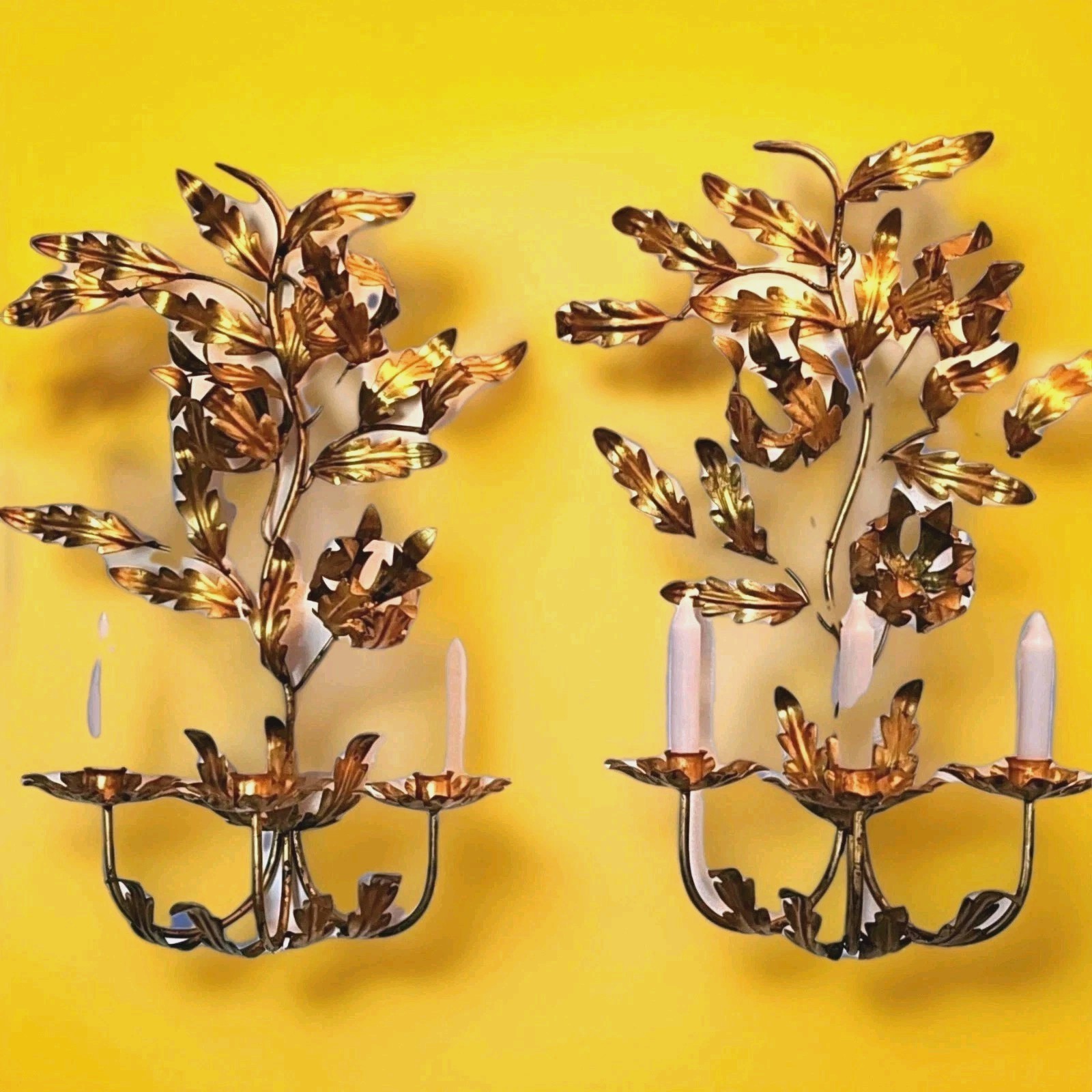 VTG PAIR ITALIAN TOLE GILT WALL SCONCES HOLLYWOOD REGENCY 20TH-CENTURY 1960’S