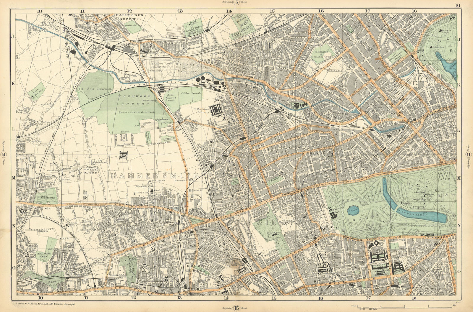 LONDON Notting Hill Kensington St Johns Wd Hammersmith Bayswater BACON 1900 map