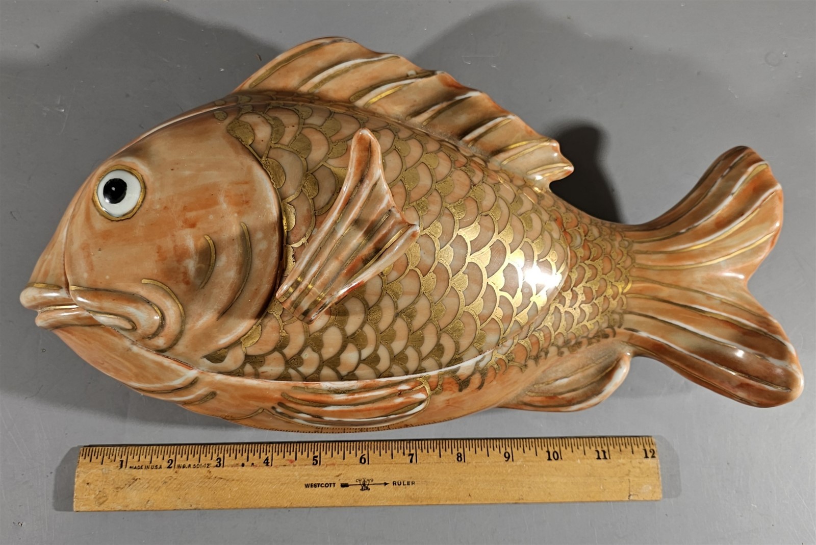 QING DYNASTY CHIA-CH’ING 1796-1820 RUST RED MARK PORCELAIN KOI CARP COVERED DISH