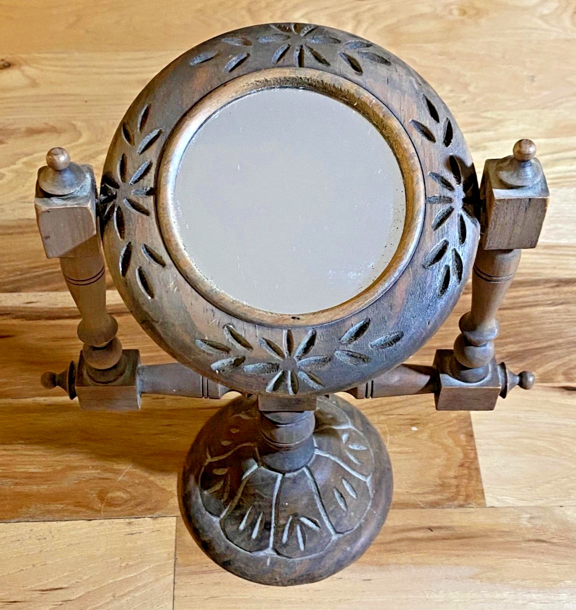 Vintage Wood Vanity Mirror Carved Swivel Round Gothic Witch Style