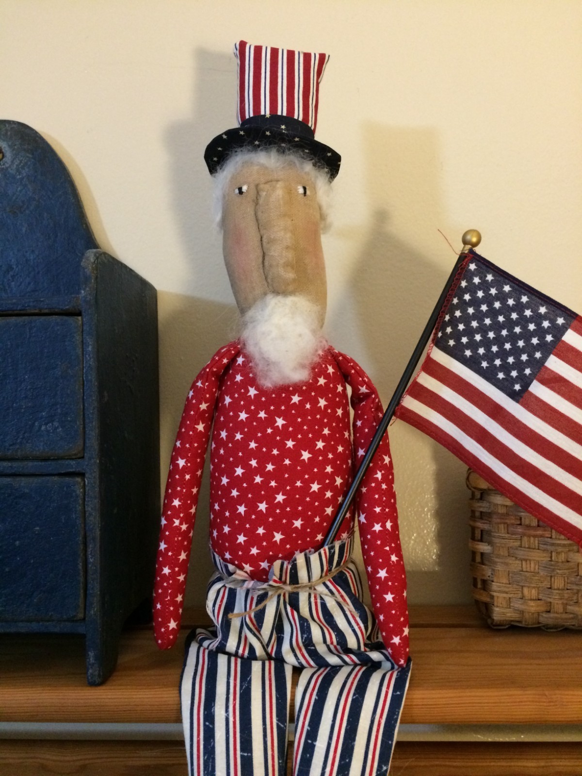 Primitive Patriotic UNCLE SAM DOLL – American Flag – Handmade Attic Trunk Dolls