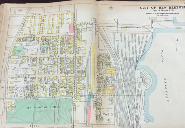 1911 NEW BEDFORD, MA. PEARL ST.-AUSTIN ST. & COUNTY ST.-ACUSHNET RIVER ATLAS MAP