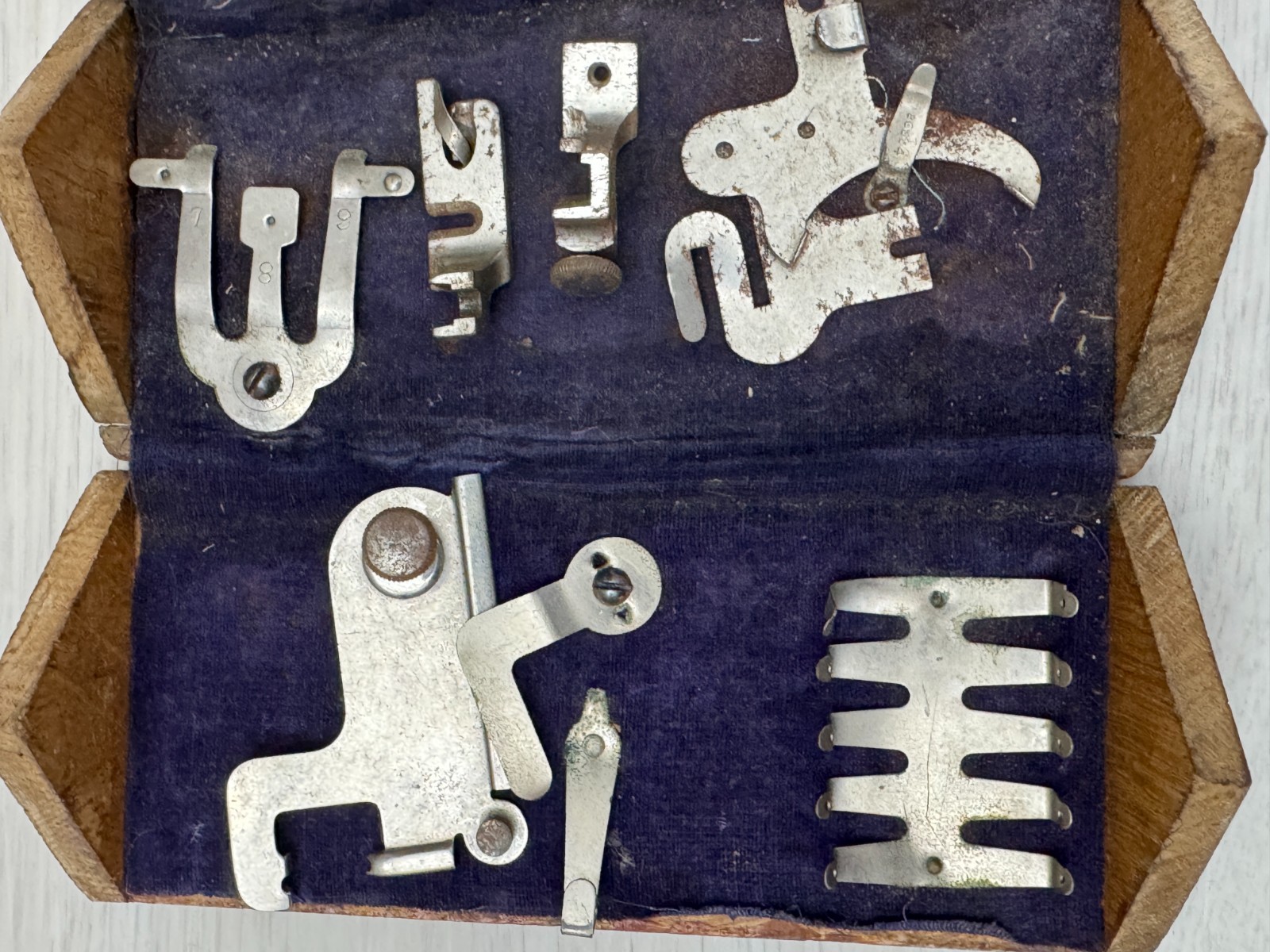 1889 Singer Sewing Machine Attachments in Folding Wooden Puzzle Box
