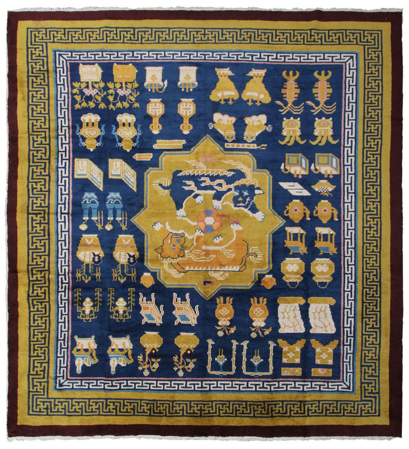 8×9 Antique Chinese Art Deco Handmade Rug Guardian Lions Blue Design c.1900