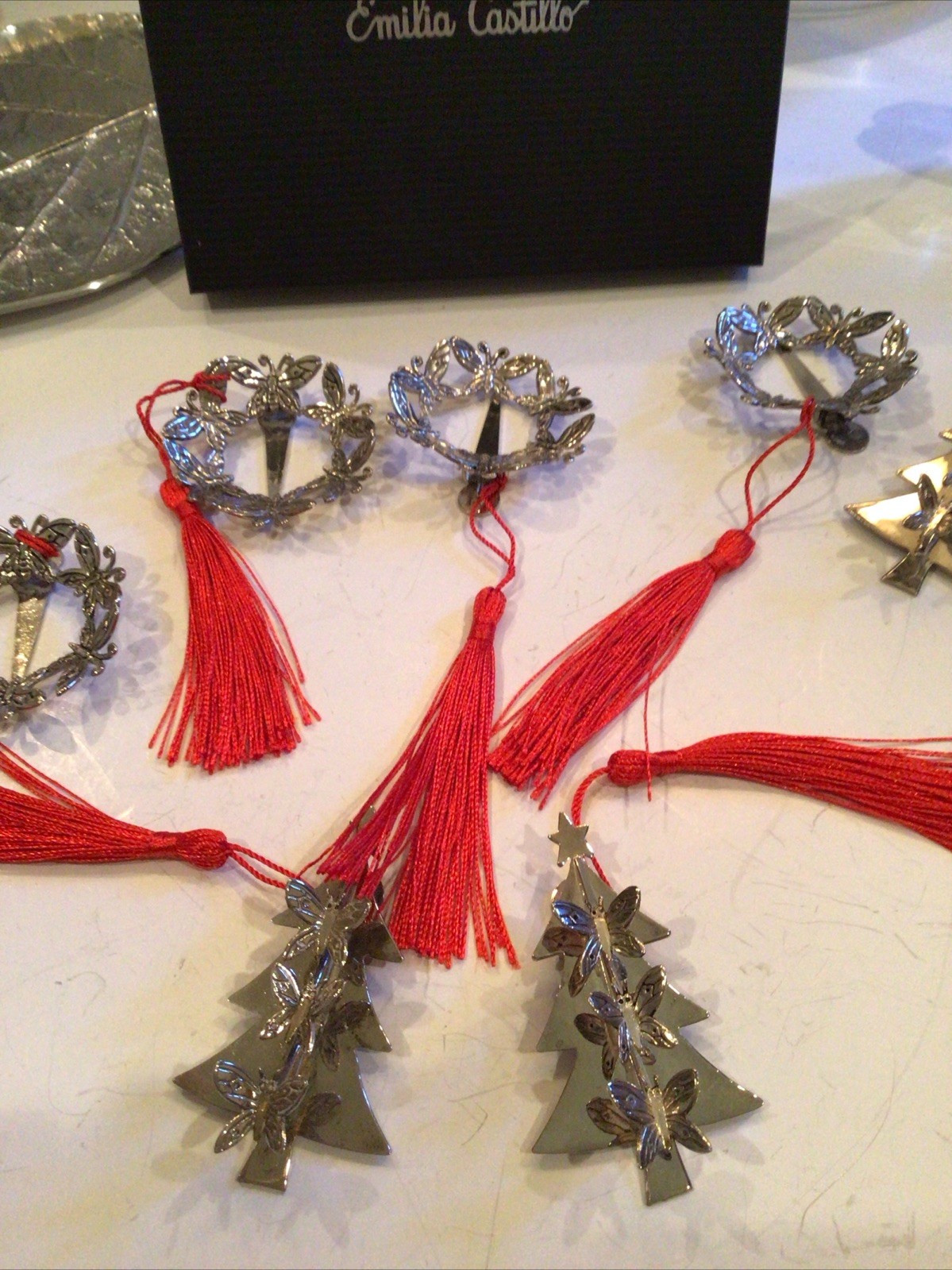 8 EMILIA CASTILLO CHRISTMAS TREE & WREATHS ORNAMENTS W/ TASSELS CLIP ON BROOCH