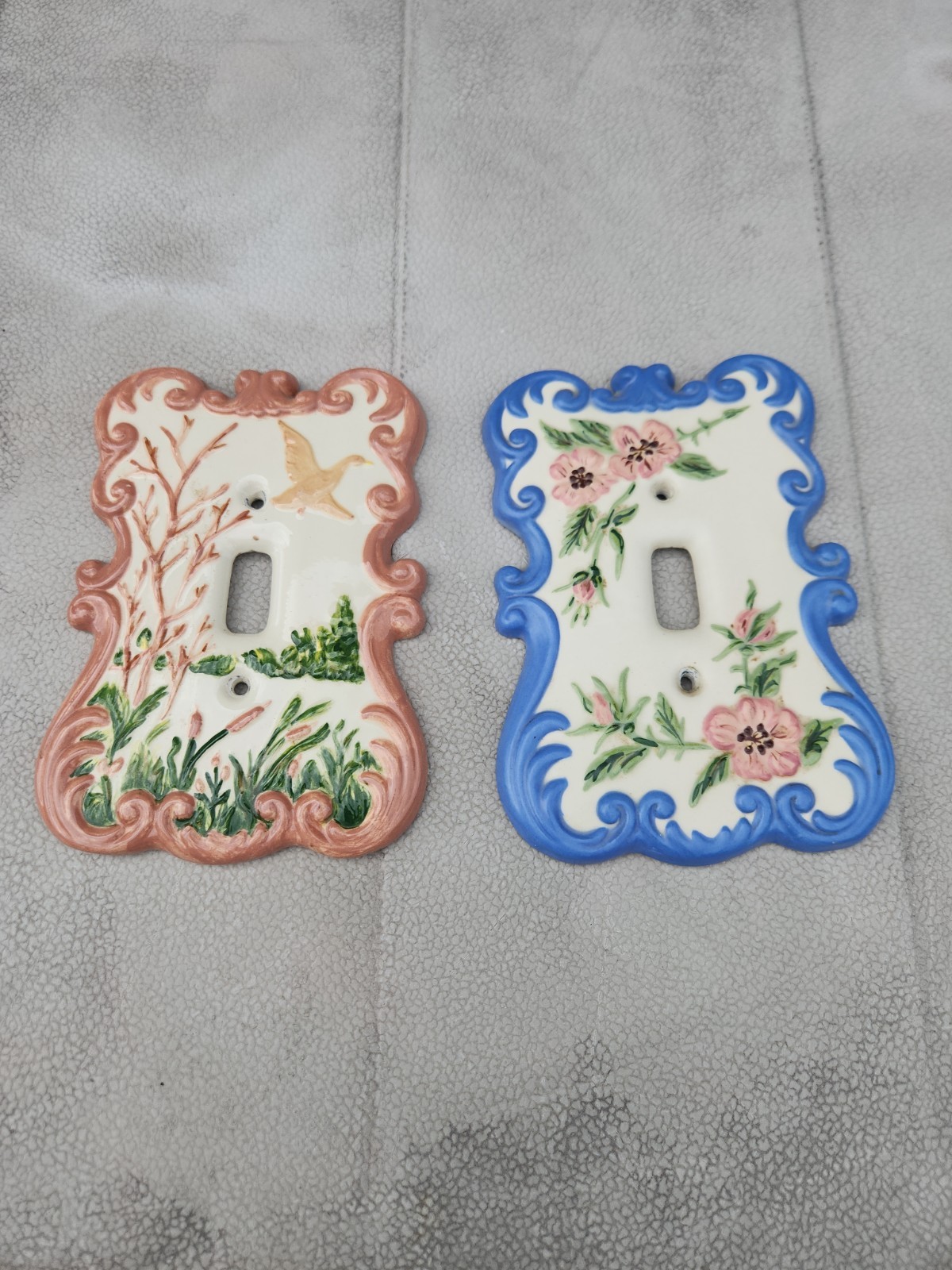 2 Vintage Holland Mold Single Light Switch Plates painted Floral Duck Scroll