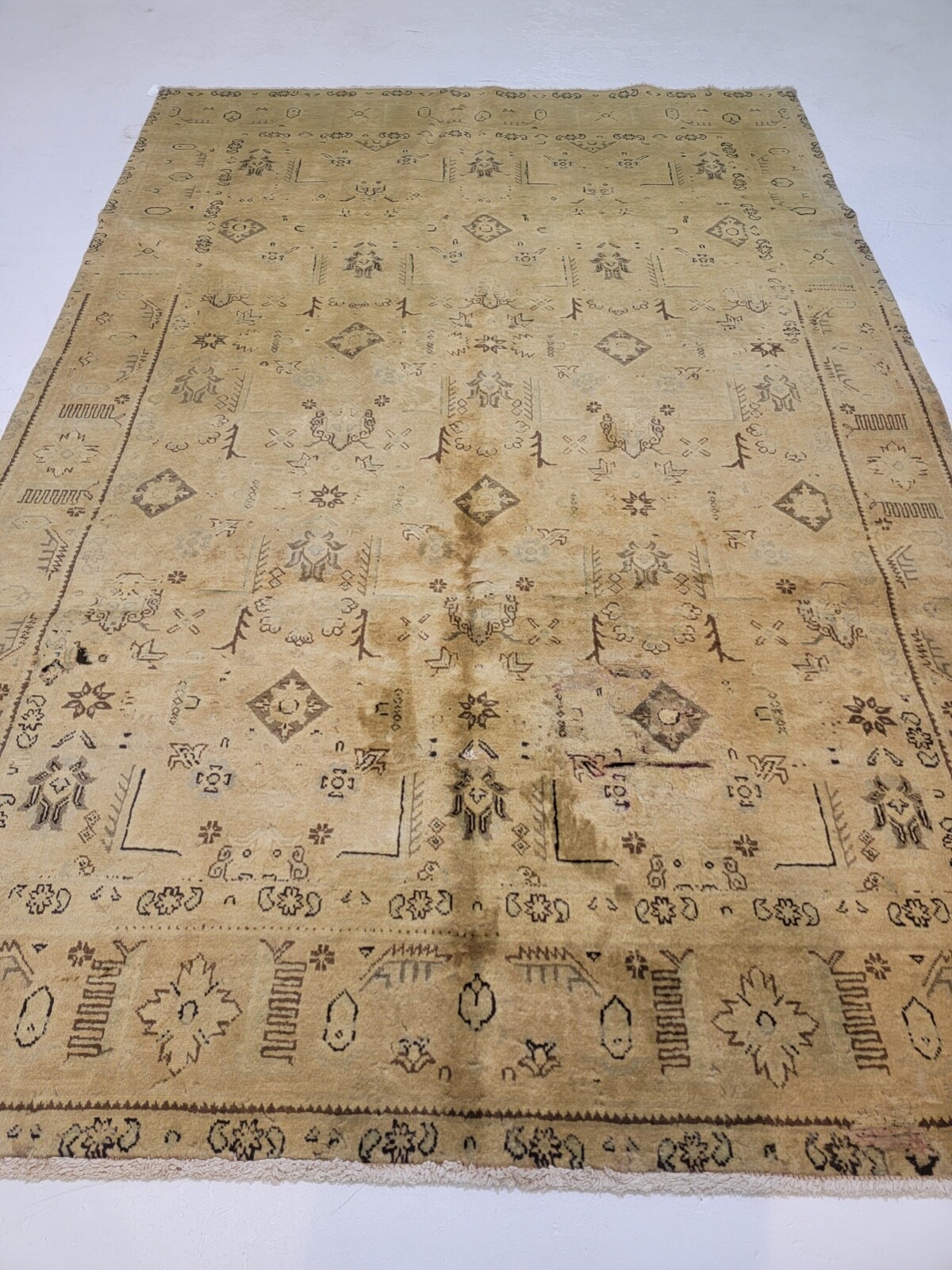 Antique Oriental Hand-Knotted Wool Area Rug Tea Washed Beige/Brown 6’5″ x 9’8″