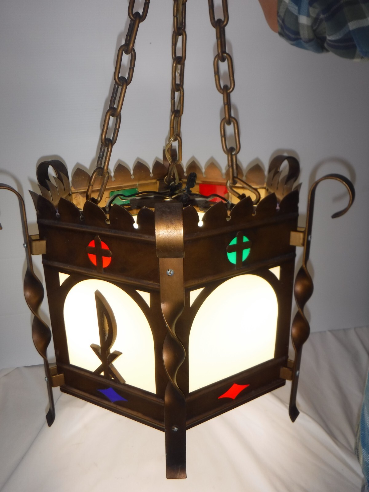 ANTIQUE~CATHOLIC CHURCH~GOTHIC STAINED GLASS HANGING LIGHT FIXTURE~CHRISTIAN