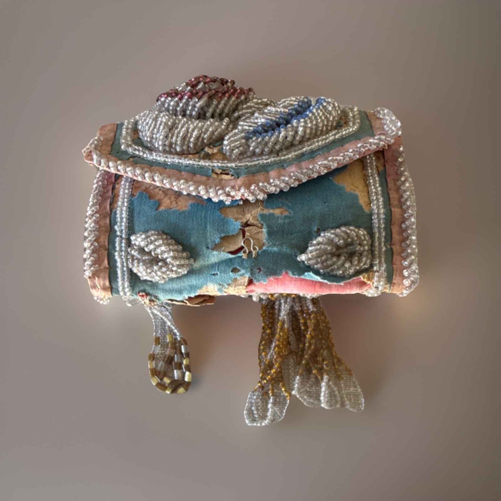 Vintage 1930s Beaded Pincushion Folding Purse Style Raised Beadwork Red Interior