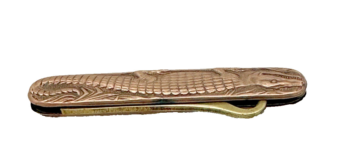 Small Antique Folding Figural Button Hook Alligator or Crocodile Copper & Brass