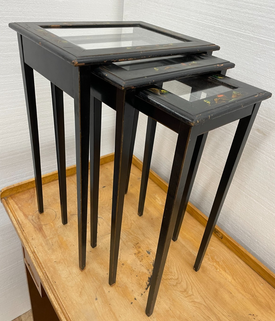 Black Paint decorated Nesting Tables set of 3 Glass Tops solid wood tables
