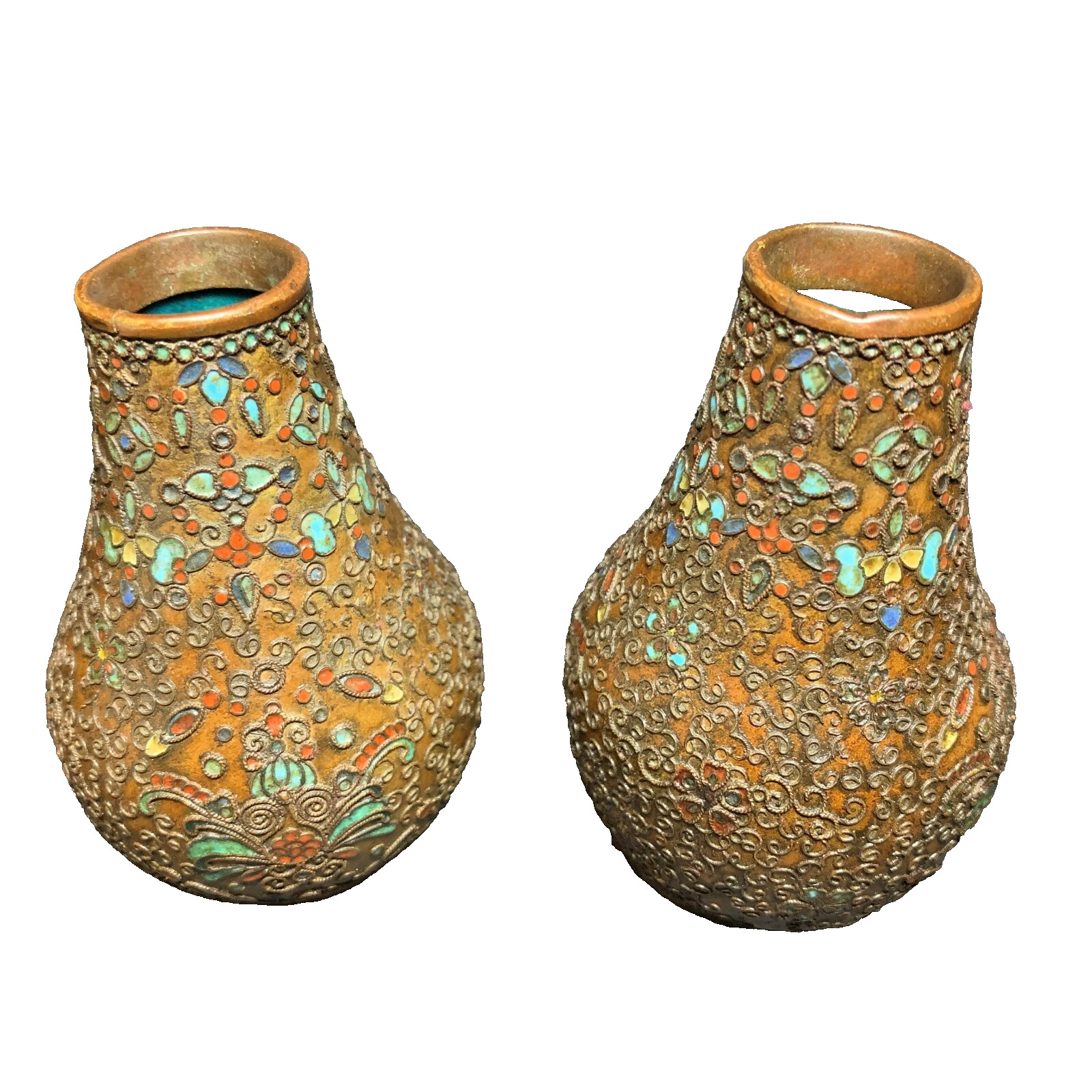 19th C. Antique Chinese Cloisonné Enamel Bronze Vase Urn Gold Gilt Bottom – Pair