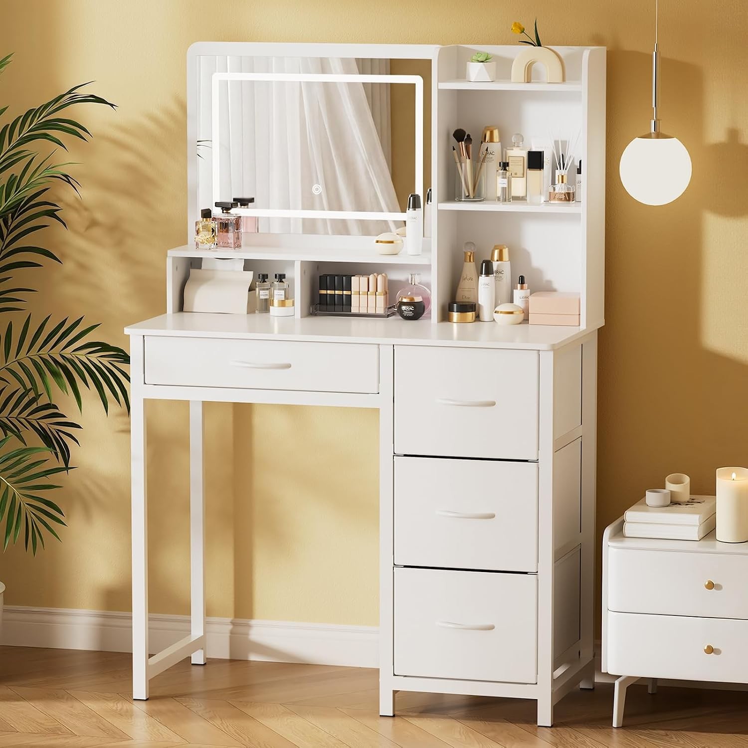 Vanity Desk with Mirror and Lights – Large Capacity Makeup Vanity with 4 Fabric