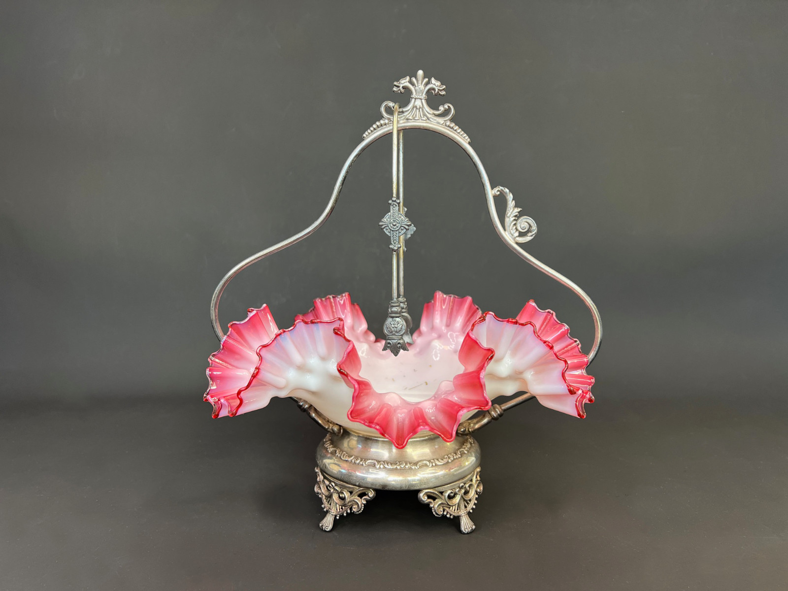 Antique Adelphi Bride Basket Victorian Cranberry Pink Glass Silver Pl w Tongs