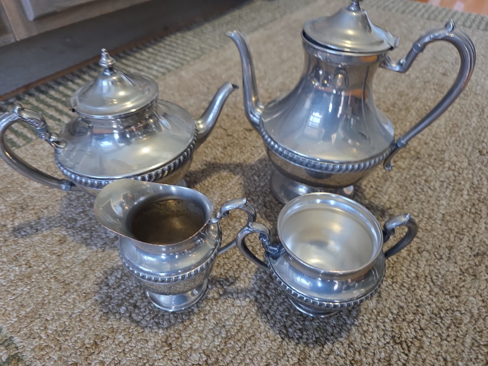Sheridan Silver Co Silver on Copper Tea Set Teapot, Coffee Pot, Creamer & Sugar