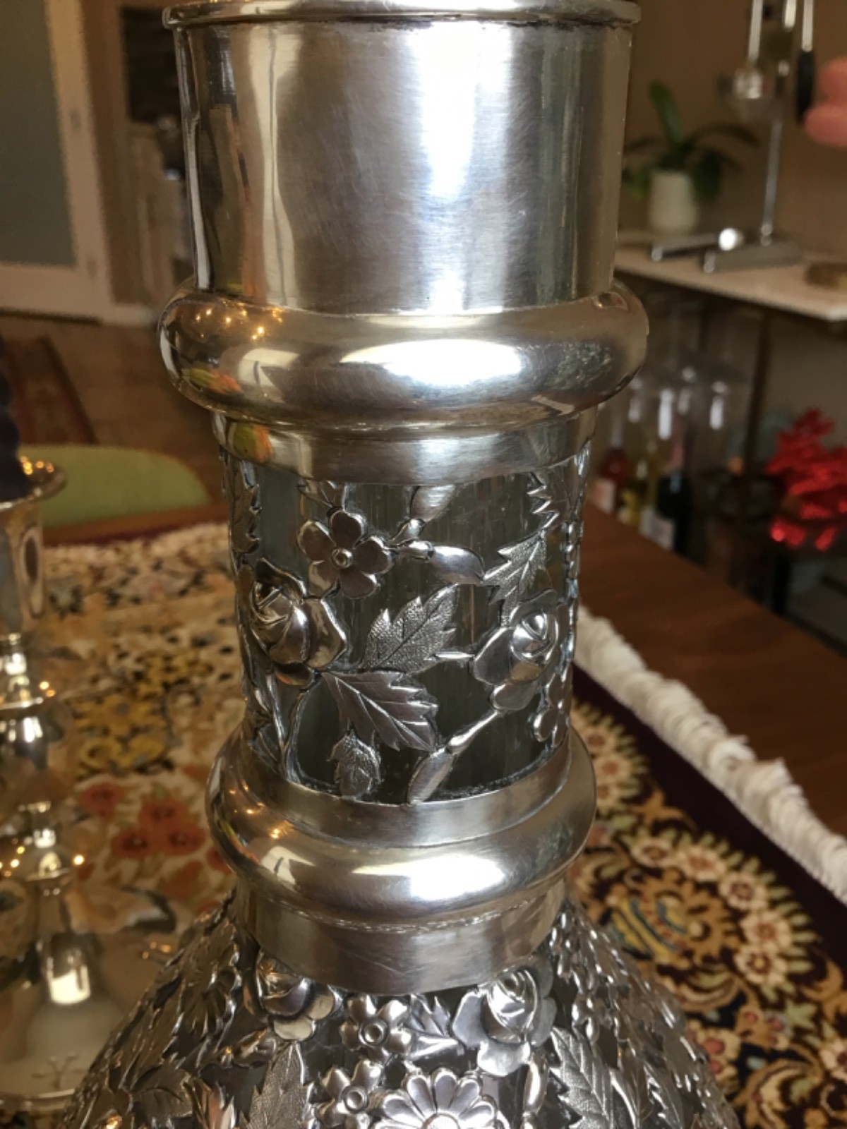Sterling Silver Repouse Heavy Overlay Antique Four-chamber Decanter