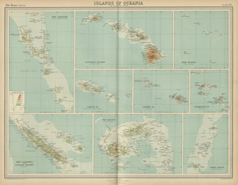 Hawaii Cook Fiki Samoa Tonga Tahiti New Hebrides/Caledonia islands 1922 map