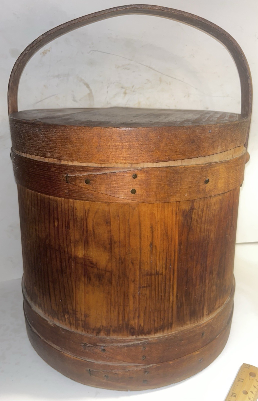 Large Primitive Wooden SUGAR Firkin Bucket w/Lid Old Finish Antique