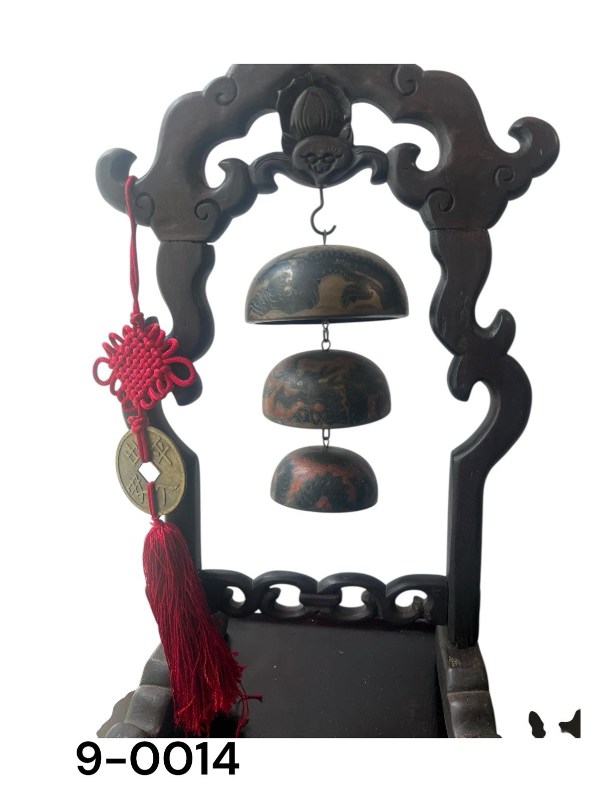 Vintage Chinese Bronze Graduating Dragon Bell Set on Carved Wood Stand
