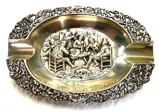 Antique Dutch Solid Silver.835 Ashtray Embossed Tavern Scene 75.4g. D&G