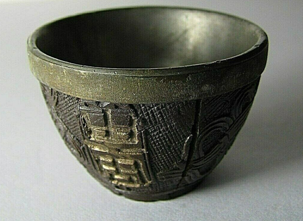 CHINESE COCONUT SHELL PEWTER TEACUP TEA CUP Qing Dynasty China Asia ca1800s USED