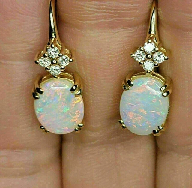 4Ct Oval Cut Fire Opal & Diamond Drop & Dangle Earrings 14k Yellow Gold Finish