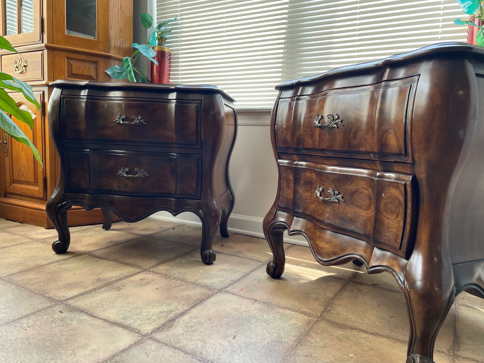 French Provincial Bombe Nightstands – Burl Walnut, Original Finish
