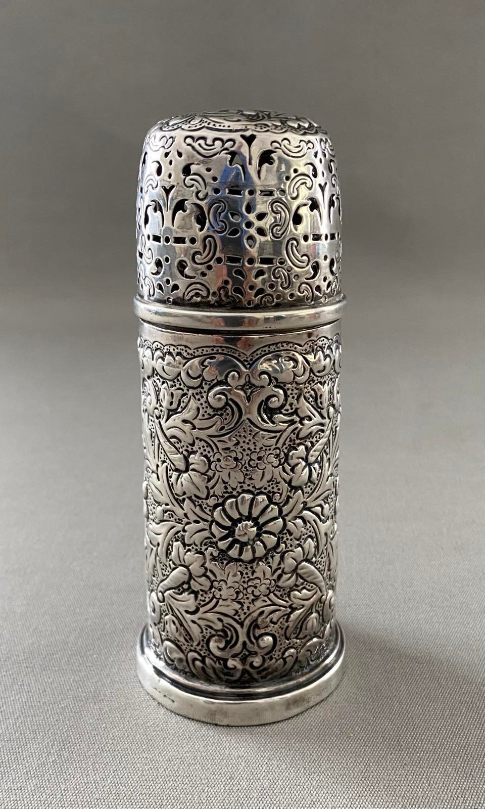 Antique EF HT England Sterling Silver Repousse Muffineer Sugar Caster