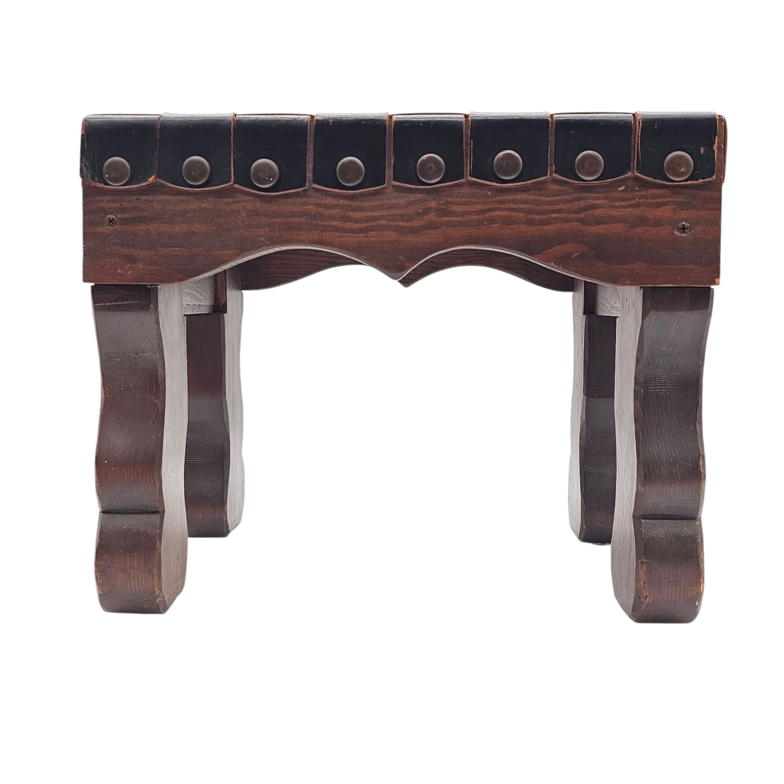 Spanish Colonial Revival Woven Leather Strap Stool Rustic Low Seat Nailheads 16″