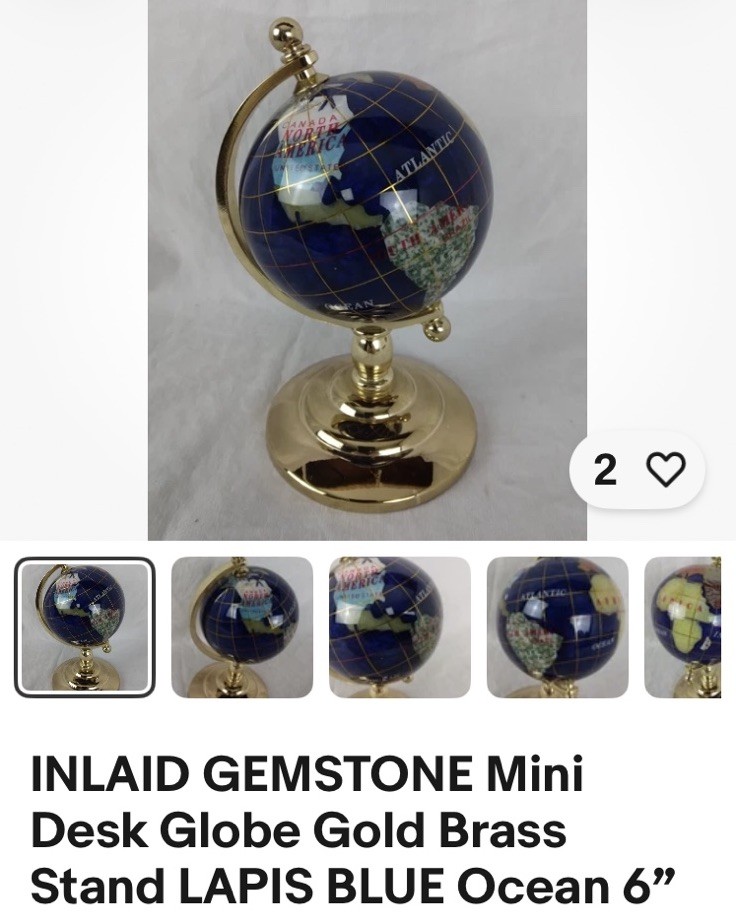 GLOBE MINI-ROTATING DESK TOP BRASS AND INLAID GEMSTONE LAPIS BLUE