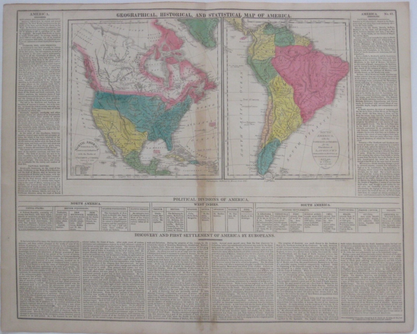 1821 Lavoisne Maps NORTH & SOUTH AMERICA by Matthew Carey Original Hand Color