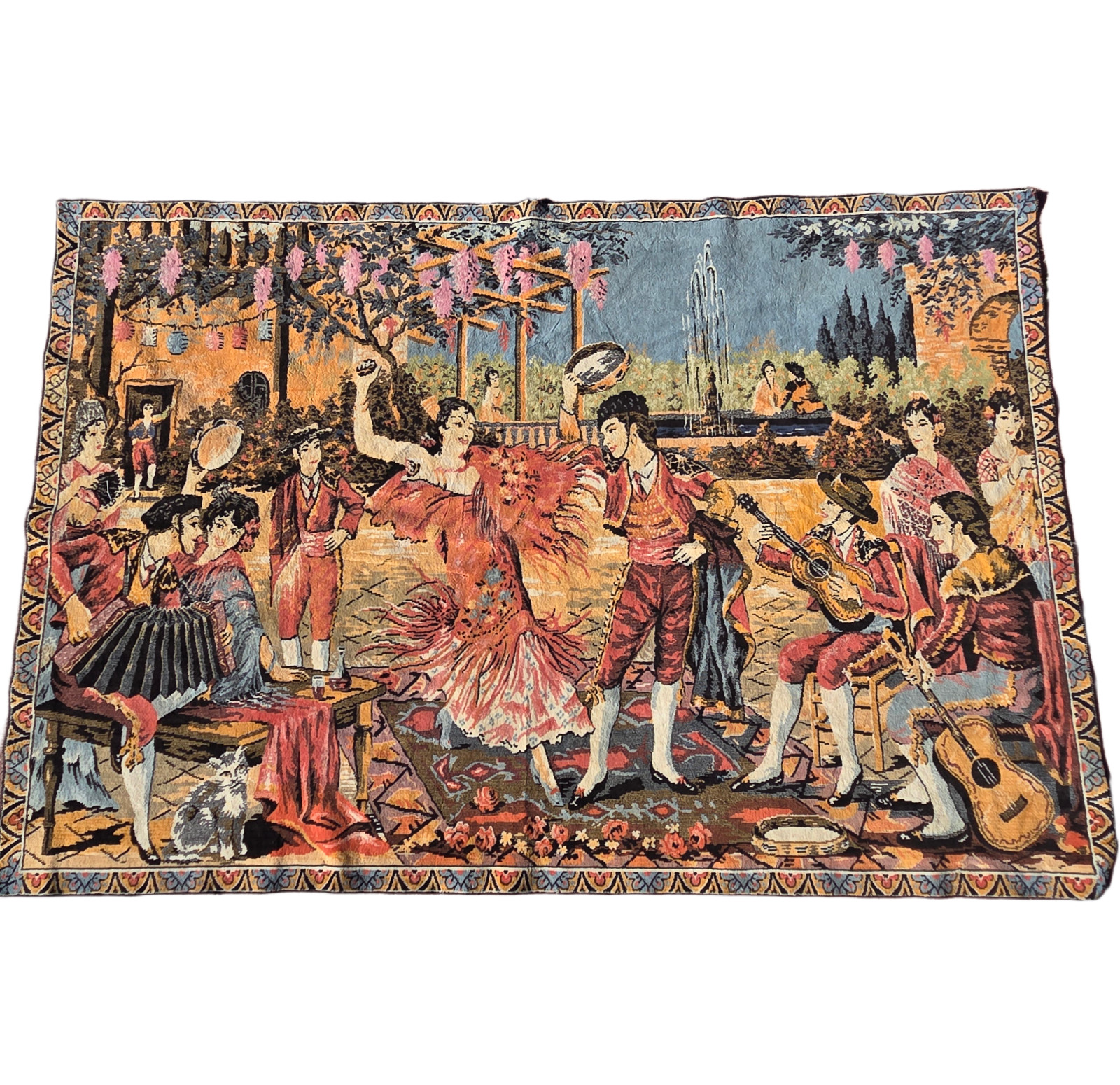 Vintage 67 x 45 Spanish Rectangular Tapestry Rug with Flamenco Dancers & Kitten