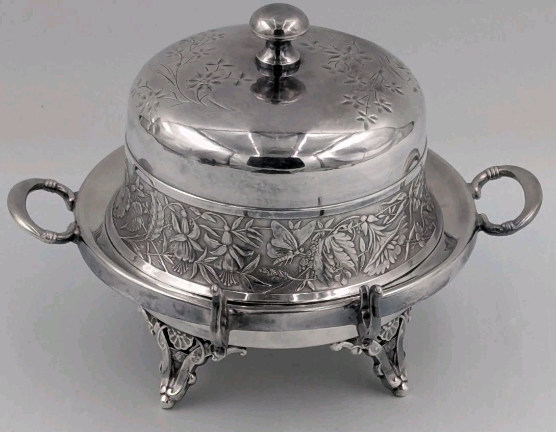 Antique Adelphi Silver Plate Domed Butter Dish Floral Design QuadruplePlate