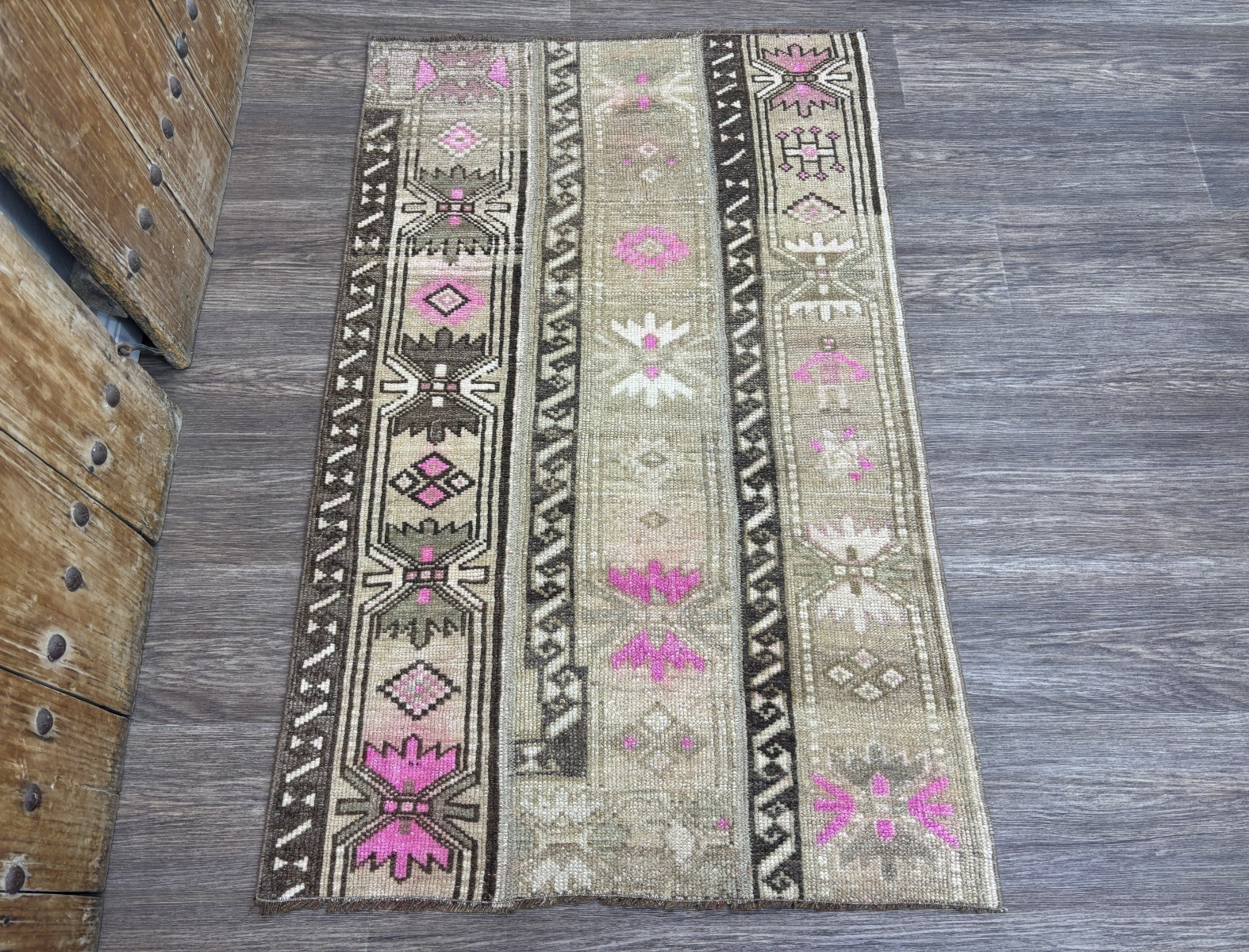 3×5 Beige Brown Pink Vintage Turkish Small Area Rug, Hand-Knotted Wool Patchwork